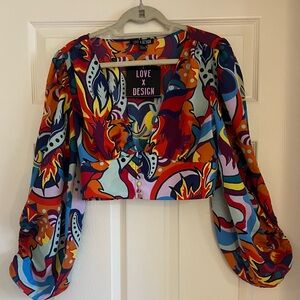 Love X Design Sz L Crop Top Balloon Sleeve Art To Wear Festival Boho Shirt